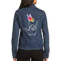 I Love You Hand Sign Language Butterfly Autism Awareness T Shirt Ladies Denim Jacket | Artistshot