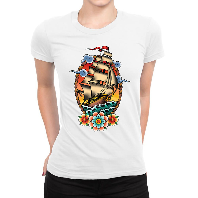 Old School American Traditional Tattoo Flash Clipper Ship Premium T Sh Ladies Fitted T-Shirt by johnjosephmenk | Artistshot