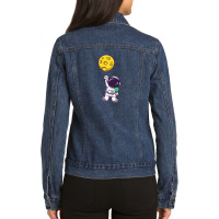 Cute Astronaut Floating With Moon Balloon Ladies Denim Jacket | Artistshot