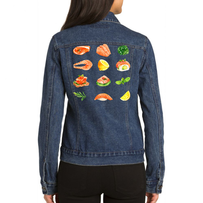 Assorted Salmon Appetizers T  Shirt Salmon Set T  Shirt Ladies Denim Jacket by salesmanhuh | Artistshot