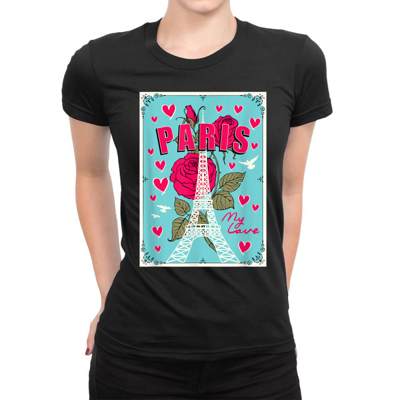 Lovely Paris France Eiffel Tower With Roses Illustration T Shirt Ladies Fitted T-Shirt by kasaqcsegurc | Artistshot