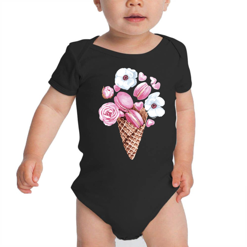 Pink Floral Macaron Ice Cream Cone T  Shirt Pink Floral Macaron Cone B Baby Bodysuit by salesmanhuh | Artistshot