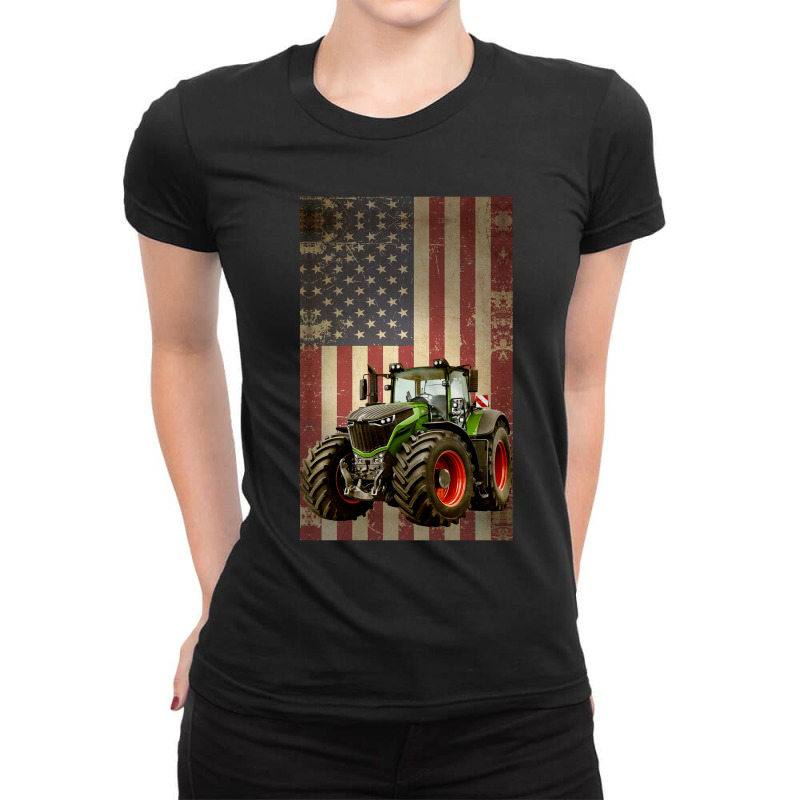 Farm Tractors Distressed Usa Flag Combine Tractor Farming Ladies Fitted T-Shirt by MichaelAlavarado | Artistshot