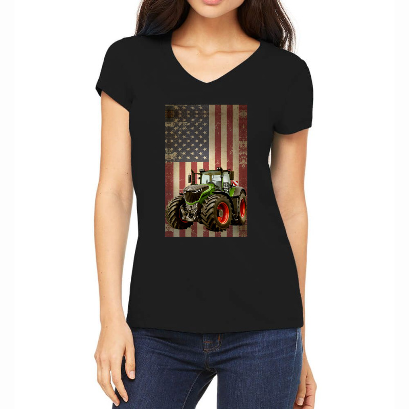 Farm Tractors Distressed Usa Flag Combine Tractor Farming Women's V-Neck T-Shirt by MichaelAlavarado | Artistshot