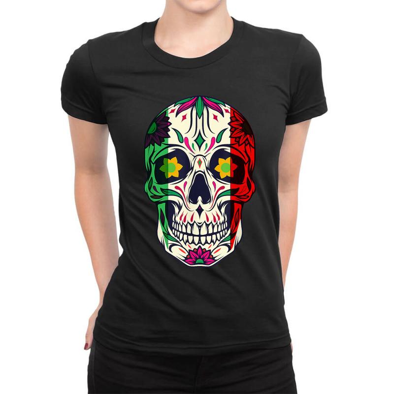 Skull Cinco De Mayo Sugar Skull Mexican Flag Stripes Calavera Ladies Fitted T-Shirt by urethrapricey | Artistshot