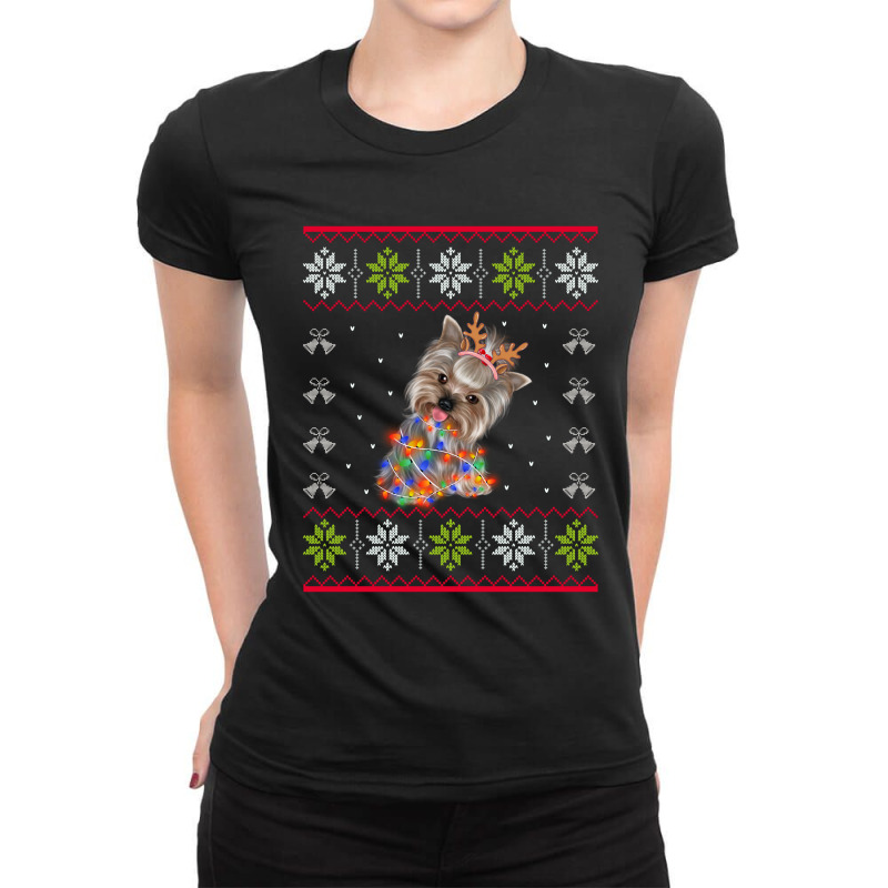 Christmas Lights Yorkshire Terrier Dog Santa Tree Xmas Gift Ladies Fitted T-Shirt by KwadjelynSims | Artistshot