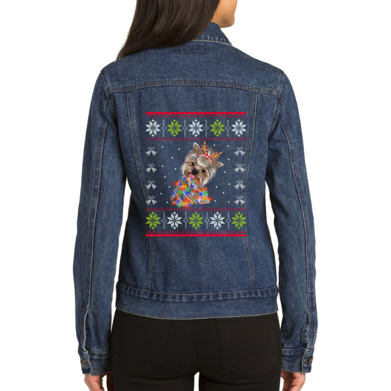 Christmas Lights Yorkshire Terrier Dog Santa Tree Xmas Gift Ladies Denim Jacket by KwadjelynSims | Artistshot