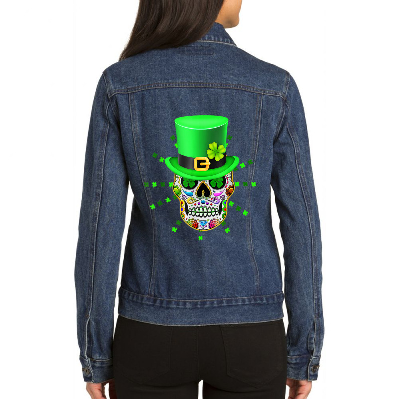 Skull Irish Sugar Skulls Paddys St Patricks Day Calavera Mexican 708 Ladies Denim Jacket by criticizematter | Artistshot