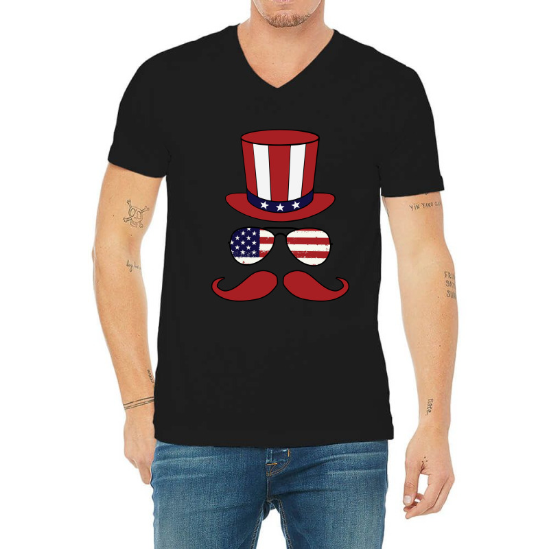 Top Hat - Sunglasses - Mustache - American Flag Patriotic V-neck Tee | Artistshot