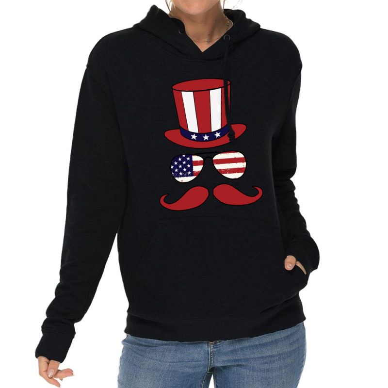 Top Hat - Sunglasses - Mustache - American Flag Patriotic Lightweight Hoodie | Artistshot