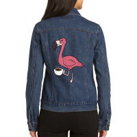 Flamingo Flamingo With Coffee Funny Coffee Drinking Flamingo Ladies Denim Jacket | Artistshot