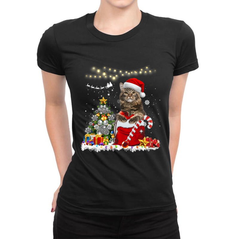 Black Cat Kitty Maine Coon Merry Christmas Kitten Cat Ladies Fitted T-Shirt by golferu | Artistshot