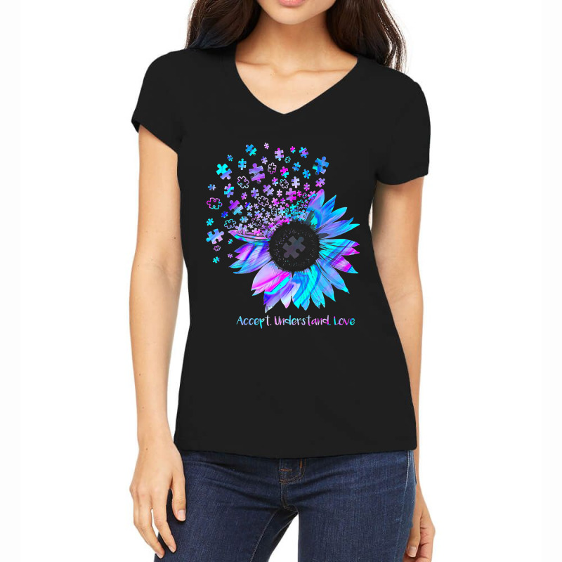 Accept Understand Love Sunflower Funny Autism Awareness Women's V-Neck T-Shirt by mrlee | Artistshot