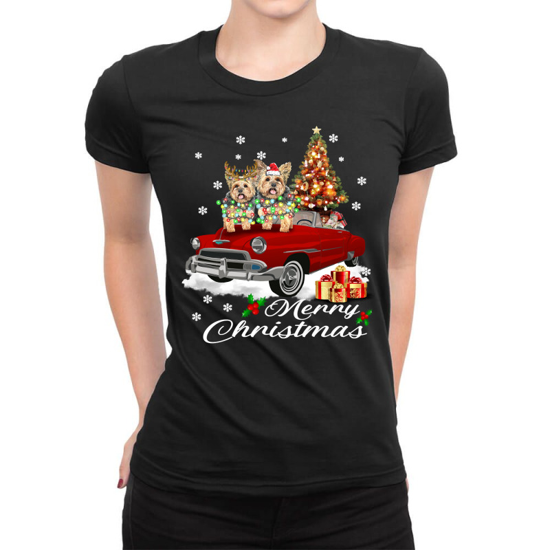 Dog Yorkshire Terrier On Red Truck Christmas Pajama Dogs 77 Paw Ladies Fitted T-Shirt by permad | Artistshot