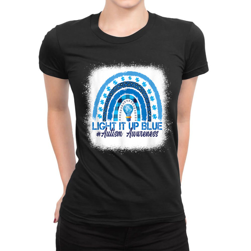 Light It Up Blue Rainbow Bleached Autism Awareness T Shirt Ladies Fitted T-Shirt by alaizws | Artistshot