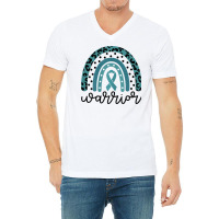 Womens Warrior Cute Teal Rainbow Graphic Ovarian Cancer Awareness T Sh V-neck Tee | Artistshot