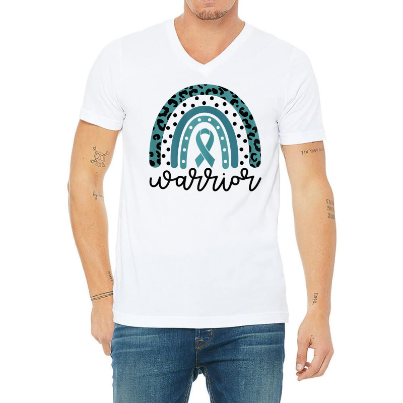 Womens Warrior Cute Teal Rainbow Graphic Ovarian Cancer Awareness T Sh V-neck Tee | Artistshot