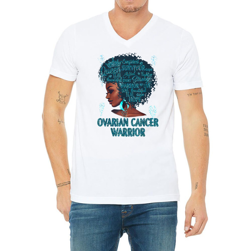 Black Woman Afro African Ovarian Cancer Warrior Teal Gifts T Shirt V-neck Tee | Artistshot