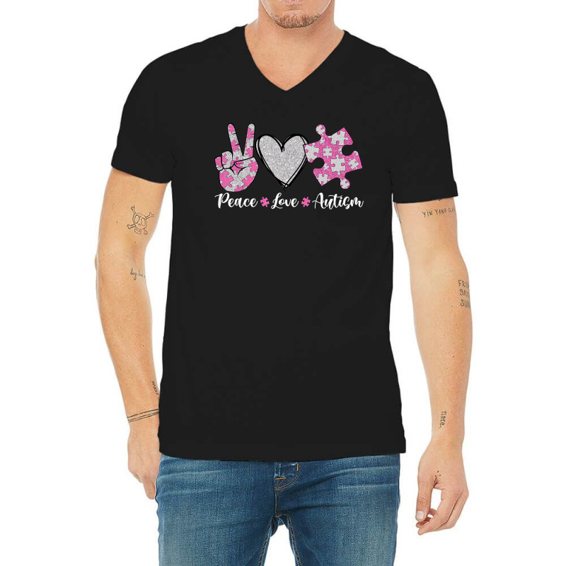 Peace Love Autism Autism Awareness Month Puzzle Heart Love V-Neck Tee by LeiThompson | Artistshot