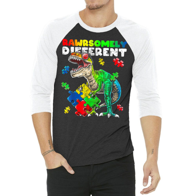 Rawrsomely Different Dinosaur Autism Awareness Puzzle 3/4 Sleeve Shirt by LeiThompson | Artistshot