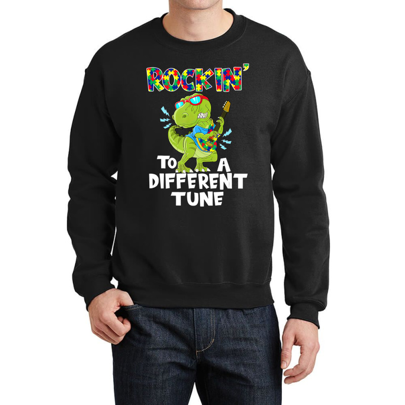 Rockin To A Different Tune Autism Awareness Dinosaur Crewneck Sweatshirt by LeiThompson | Artistshot