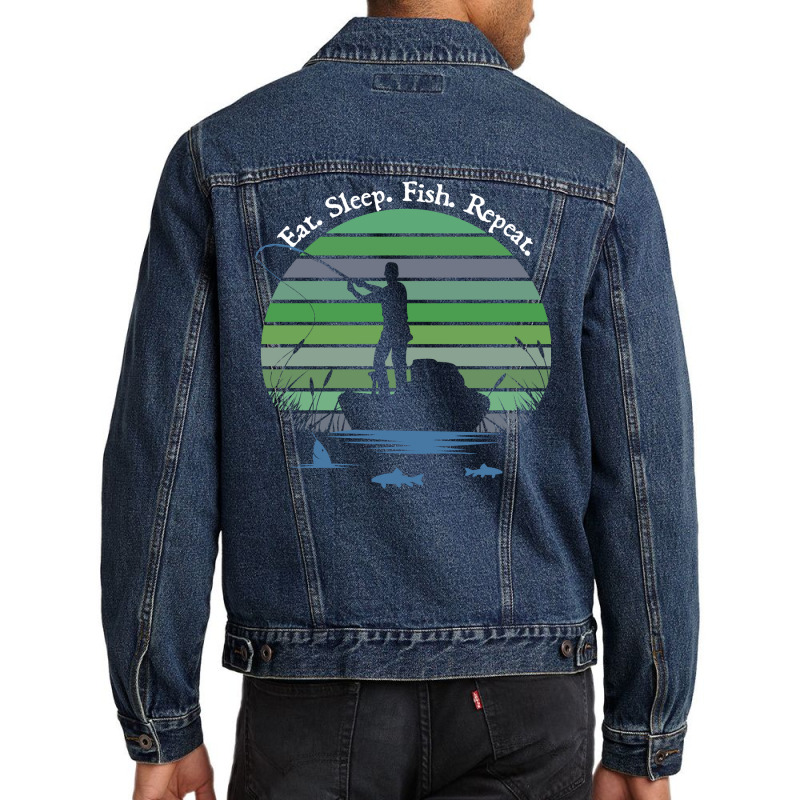 Father's Day Fishing Casting Silouette Eat Sleep Fish Sweatshirt Men Denim Jacket | Artistshot