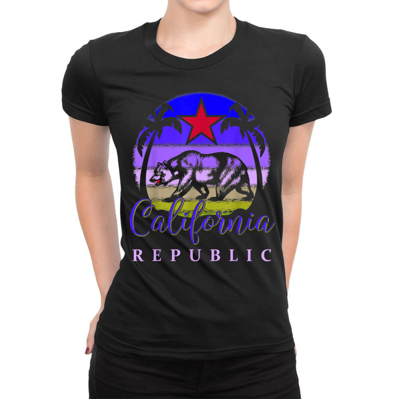 Vintage California Republic Beach Sunset Retro Palm Trees T Shirt Ladies Fitted T-Shirt by rainandehay | Artistshot