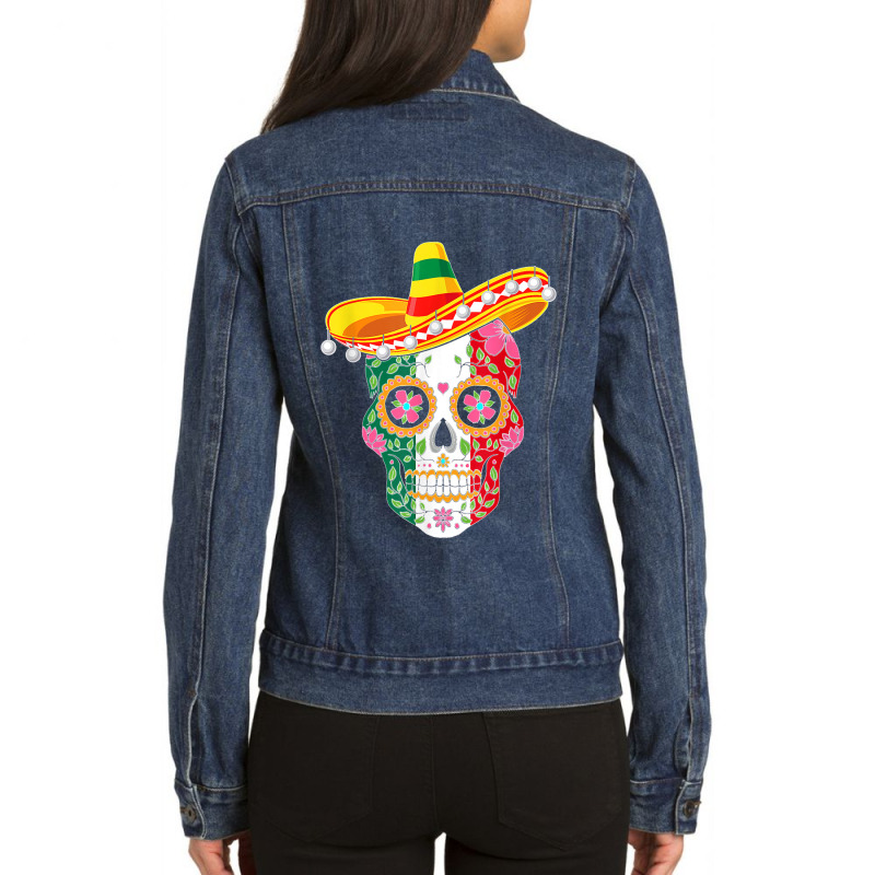 Fiesta Sugar Skull Rose Calavera Mexican Flag Cinco De Mayo  Copy Ladies Denim Jacket by CharlesLCross | Artistshot