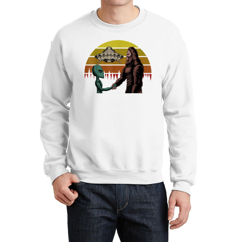 Alien With Ufo Shake Hands With Bigfoot In Sunset T Shirt Crewneck Sweatshirt | Artistshot