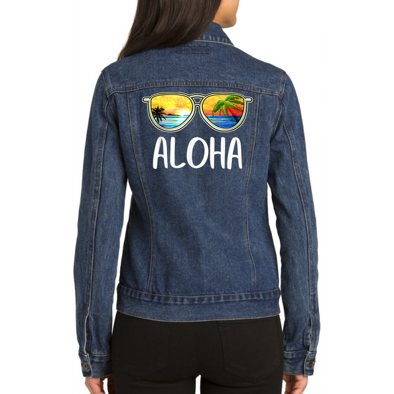 Aloha Hawaii Hawaiian Island Sunglasses Palm Trees Beach T Shirt Ladies Denim Jacket by paisleafuscaldo | Artistshot