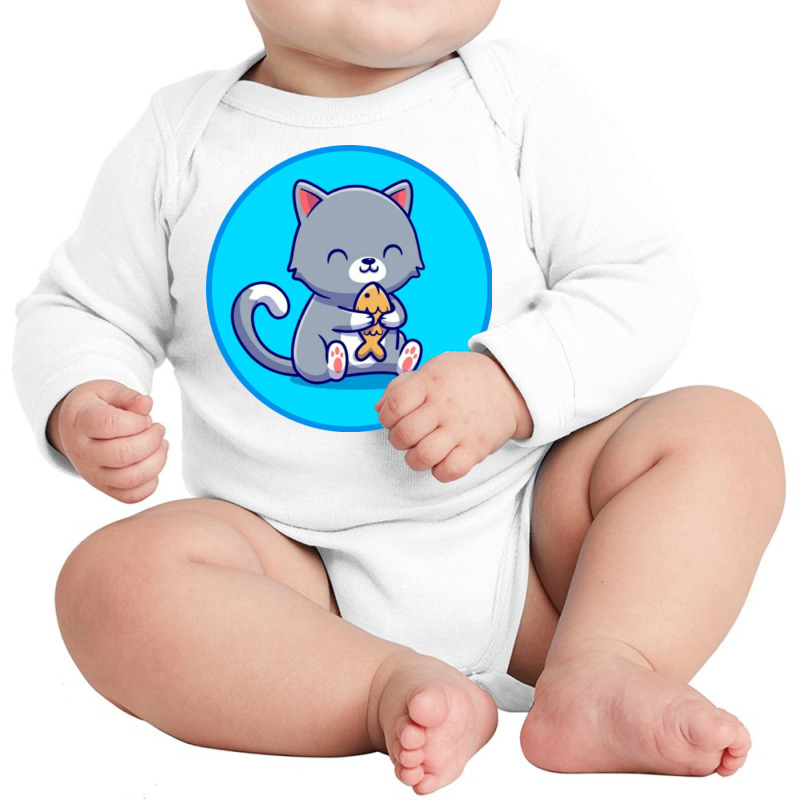 Cute Cat Holding Fish Cartoon Long Sleeve Baby Bodysuit by vasu4christ | Artistshot