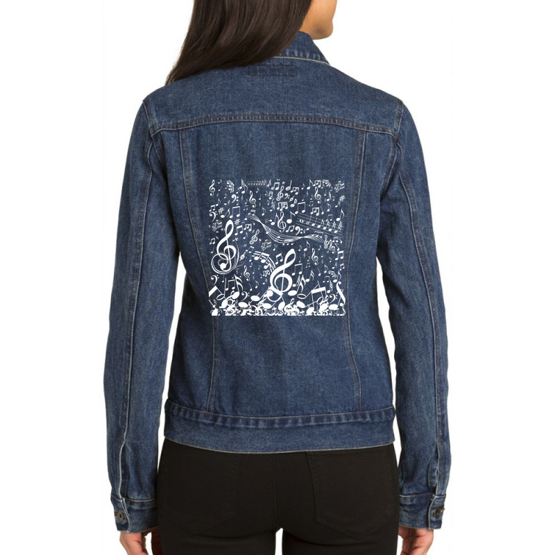 Music Notes Tile Pattern White Ladies Denim Jacket by Backstabbed | Artistshot