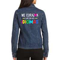 Mi Corazon Late En Dos Idiomas Bilingual Spanish Teacher T Shirt Ladies Denim Jacket | Artistshot