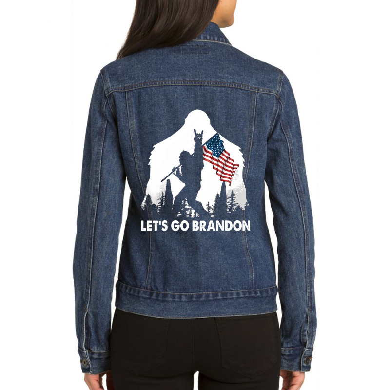 Let's Go Brandon Camping Bigfoot Rock And Roll Us Flag Ladies Denim Jacket by trokeryth | Artistshot