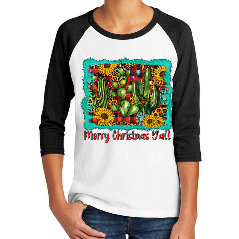 Western Leopard Plaid Cow Print Cactus Merry Christmas Y'all T Shirt Youth 3/4 Sleeve by Jeremy_Hutson | Artistshot