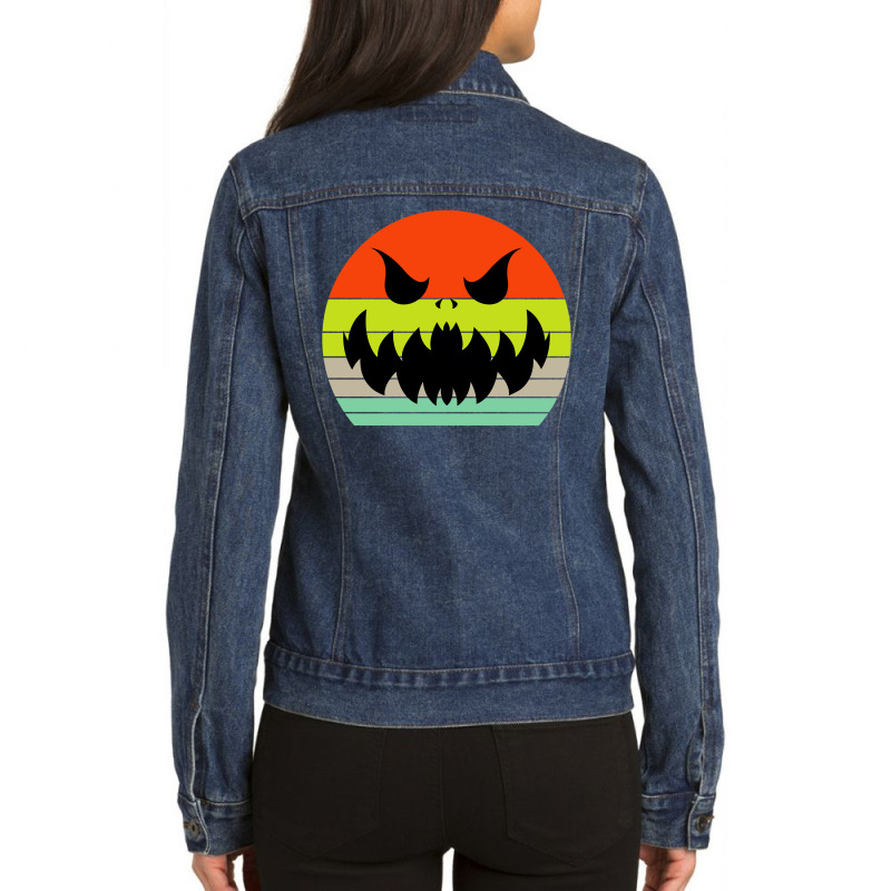 Vintage Scary Pumpkin Face Halloween Ladies Denim Jacket | Artistshot