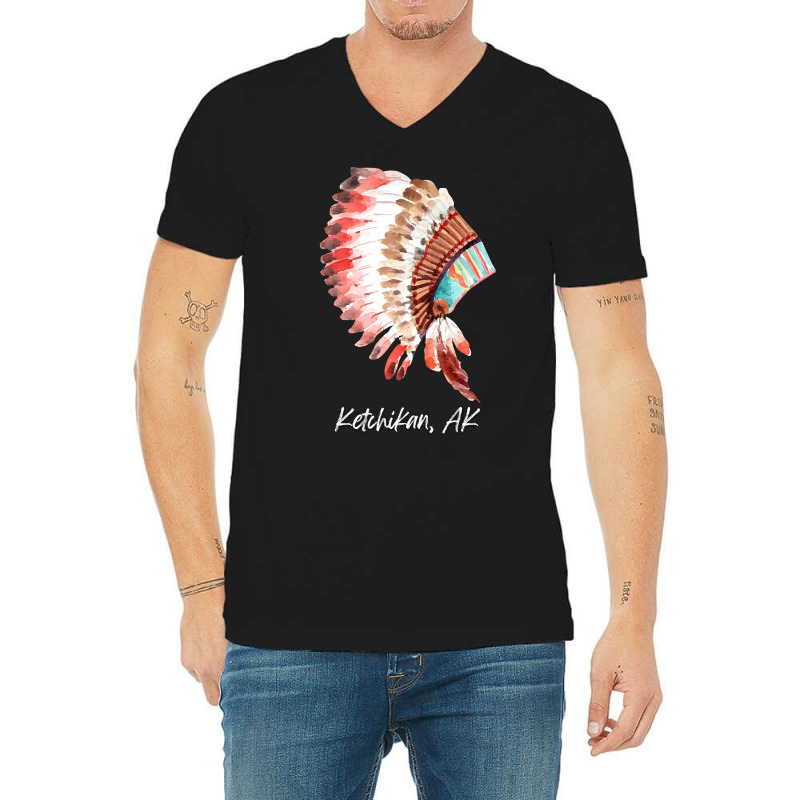 Native Indian Tribal Headdress Art T  Shirt Ketchikan Alaska Watercolo V-Neck Tee by baroncrona555 | Artistshot