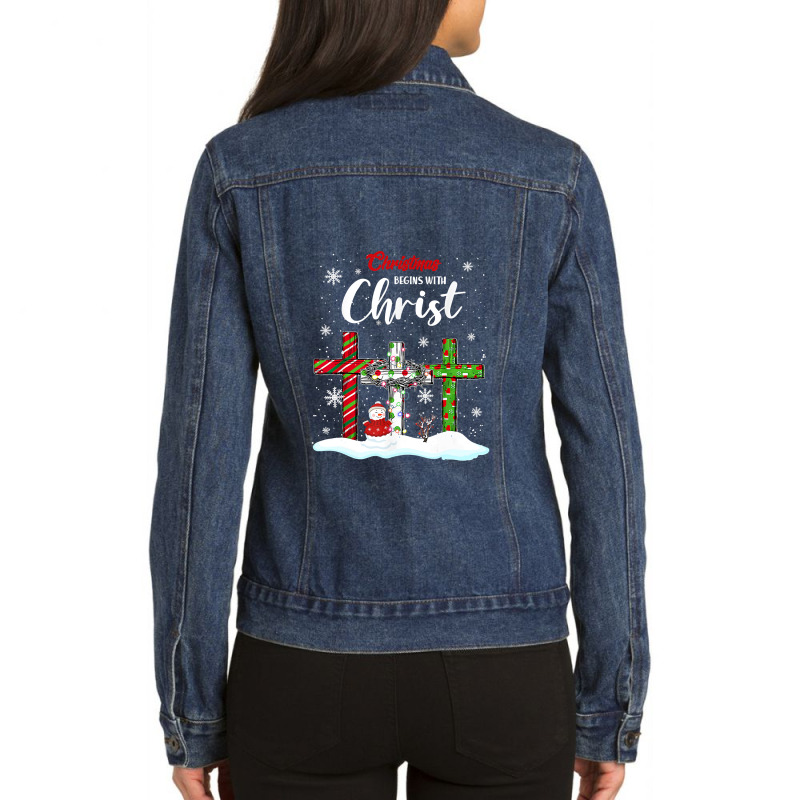 Christmas Begins With Christ Snowman Christian Cross Xmas T Shirt Ladies Denim Jacket by Mark_Liegerot | Artistshot