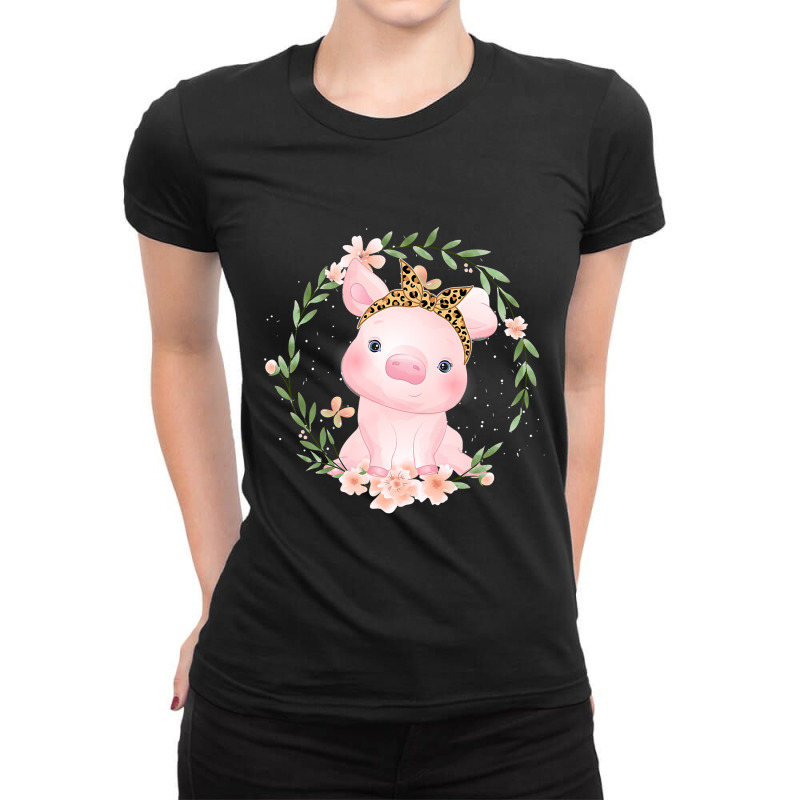 Pig With Leopard Headband Flower Tshirt Cute Pig Lover Gifts 50 Ladies Fitted T-Shirt by permad | Artistshot