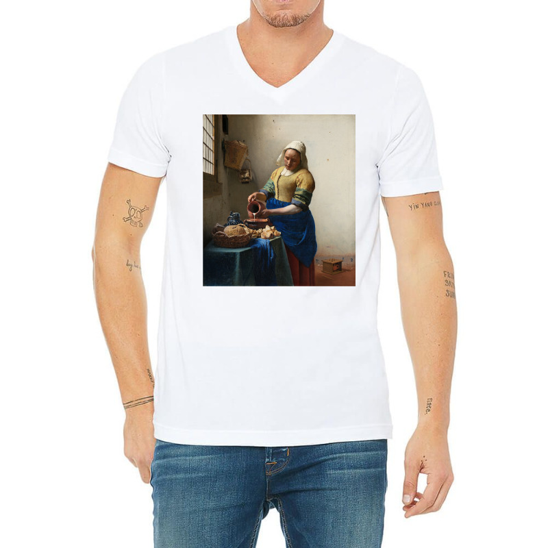 The Milkmaid By Vermeer Art Long Sleeve T Shirt V-Neck Tee by kalerttjay | Artistshot