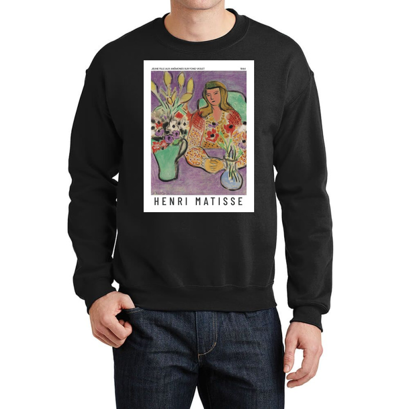 Henri  Jeune Fille Aux Anémones Sur Fond Violet Exhibition Crewneck Sweatshirt by Laura K | Artistshot