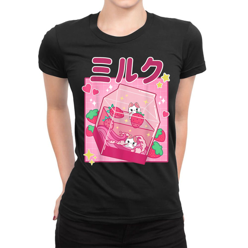 Funny Retro 90s Strawberry Milkshake Carton Kawaii Anime Cat T Shirt Ladies Fitted T-Shirt by kalerttjay | Artistshot