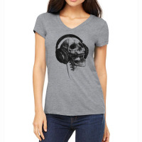 Music Forever Skull With Headphones Ink Graphic Rock Song T Shirt Women's V-neck T-shirt | Artistshot