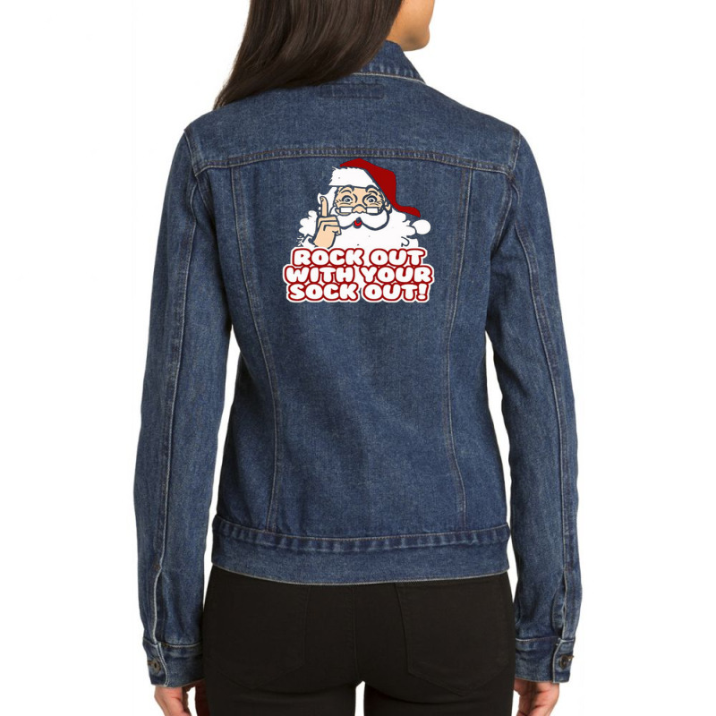 Rock Out With Your Sock Out Funny Christmas Santa Claus Ladies Denim Jacket by Vishaka | Artistshot