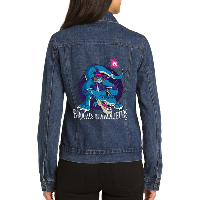 Brooms Are For Amateurs Witch Riding T-rex Halloween Premium T-shirt Ladies Denim Jacket by Brynlee-Everett | Artistshot