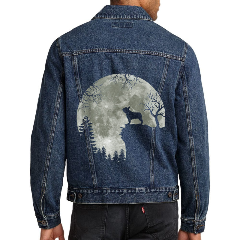 French Bulldog Silhouette In Front Of Moon Halloween Costume Men Denim Jacket | Artistshot