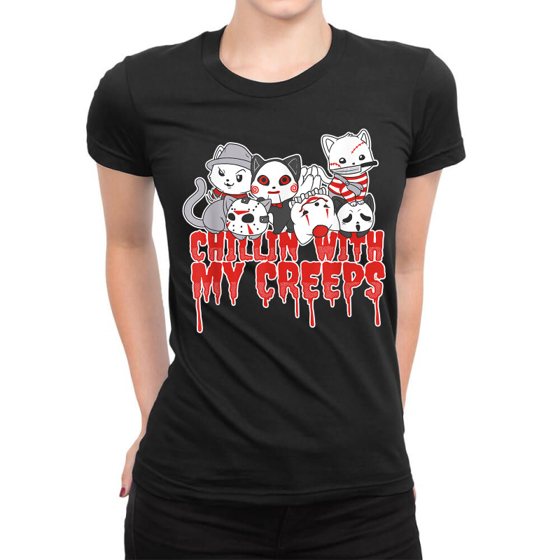 Chillin With My Creeps Cat Horror Serial Killer Halloween T Shirt Ladies Fitted T-Shirt by diles | Artistshot