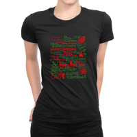 Merry Christmas Happy New Year Text Art Ladies Fitted T-shirt | Artistshot