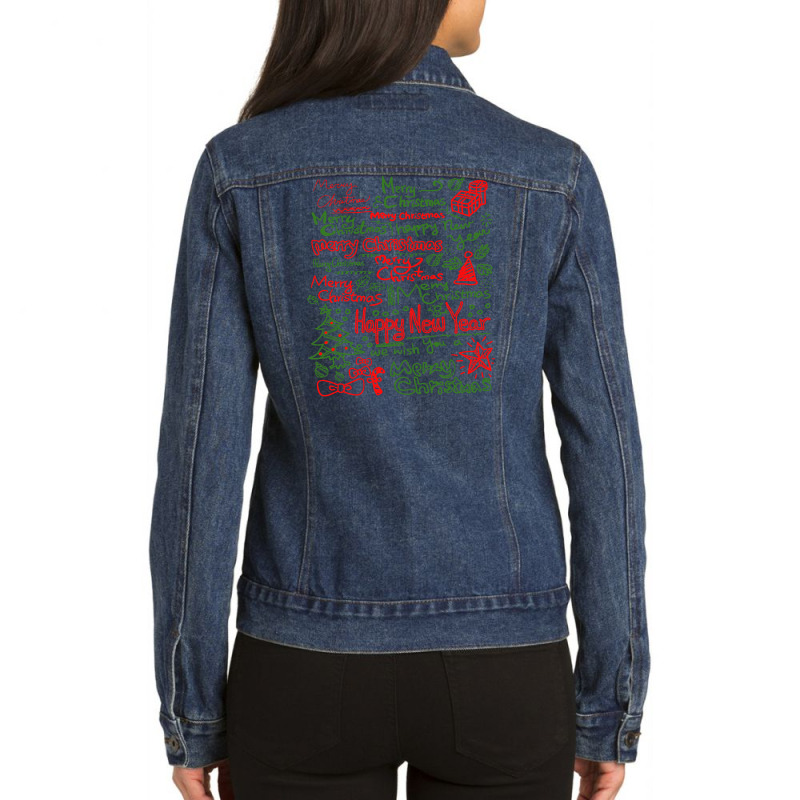 Merry Christmas Happy New Year Text Art Ladies Denim Jacket by Imaher729 | Artistshot