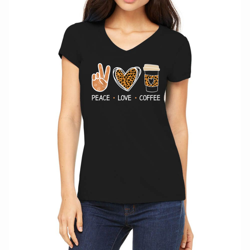 Peace Love Coffee Leopard Heart Coffee Design T Shirt Women's V-Neck T-Shirt by Go Shoping | Artistshot